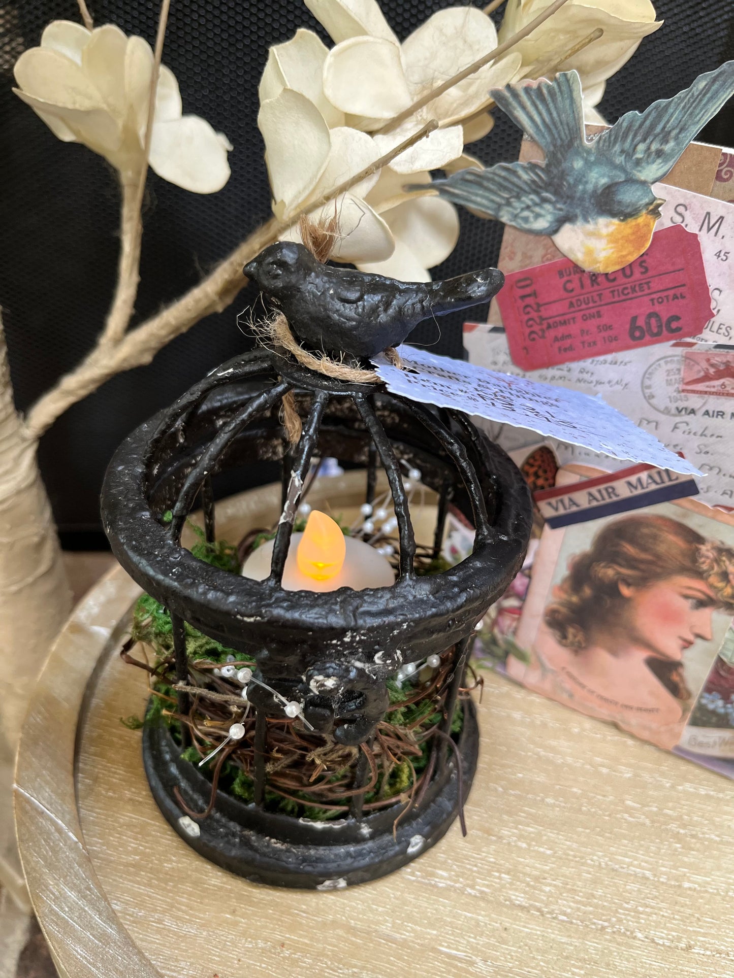 IRON METAL BIRD CAGE WITH BIRD NEST AND BATTERY LIGHT UP CANDLE
